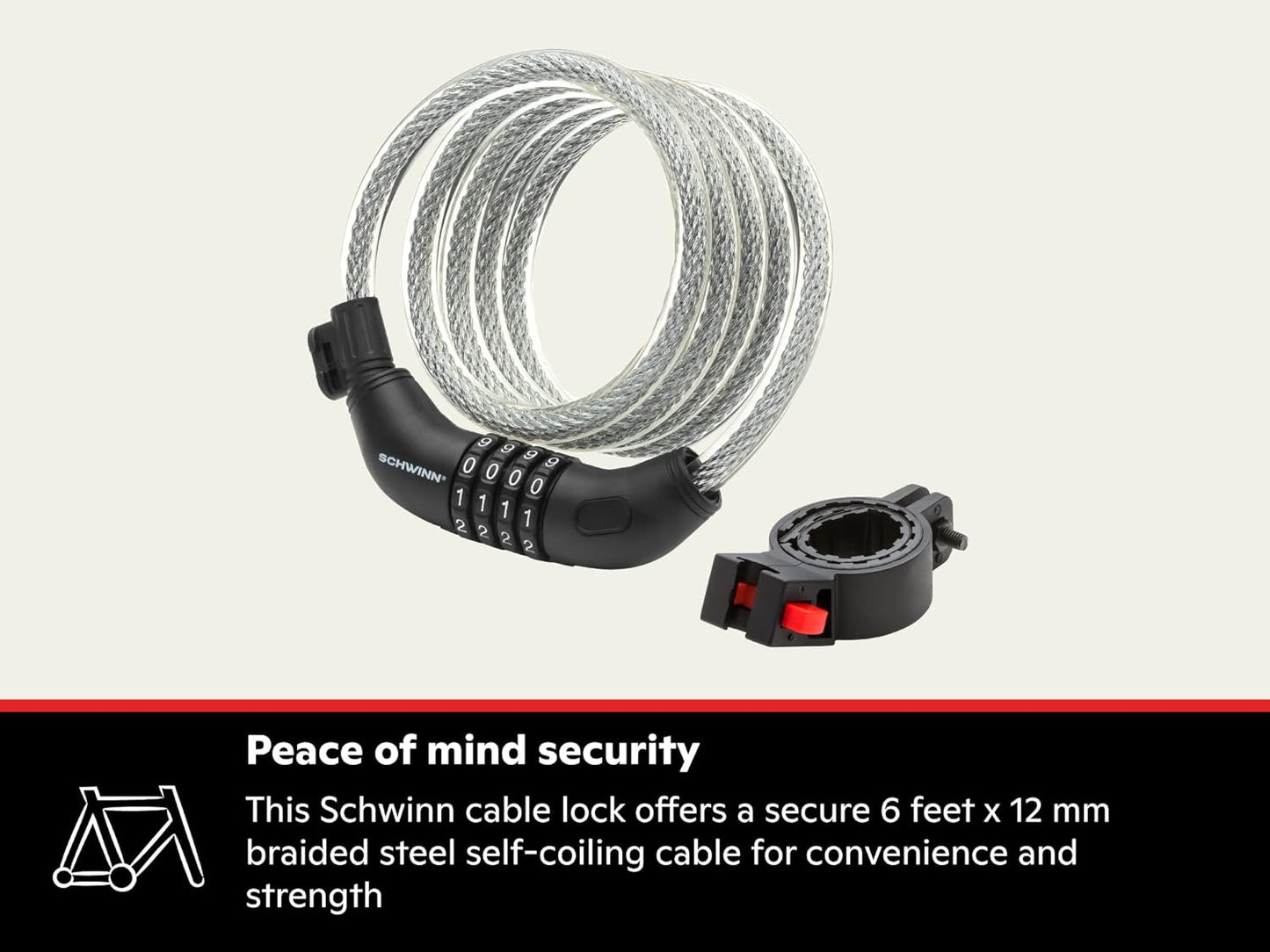 Schwinn Combination Bike Lock in Braided Steel Cable, 6 feet x 12 mm Anti Theft Bicycle Lock, Black, Security Level 3