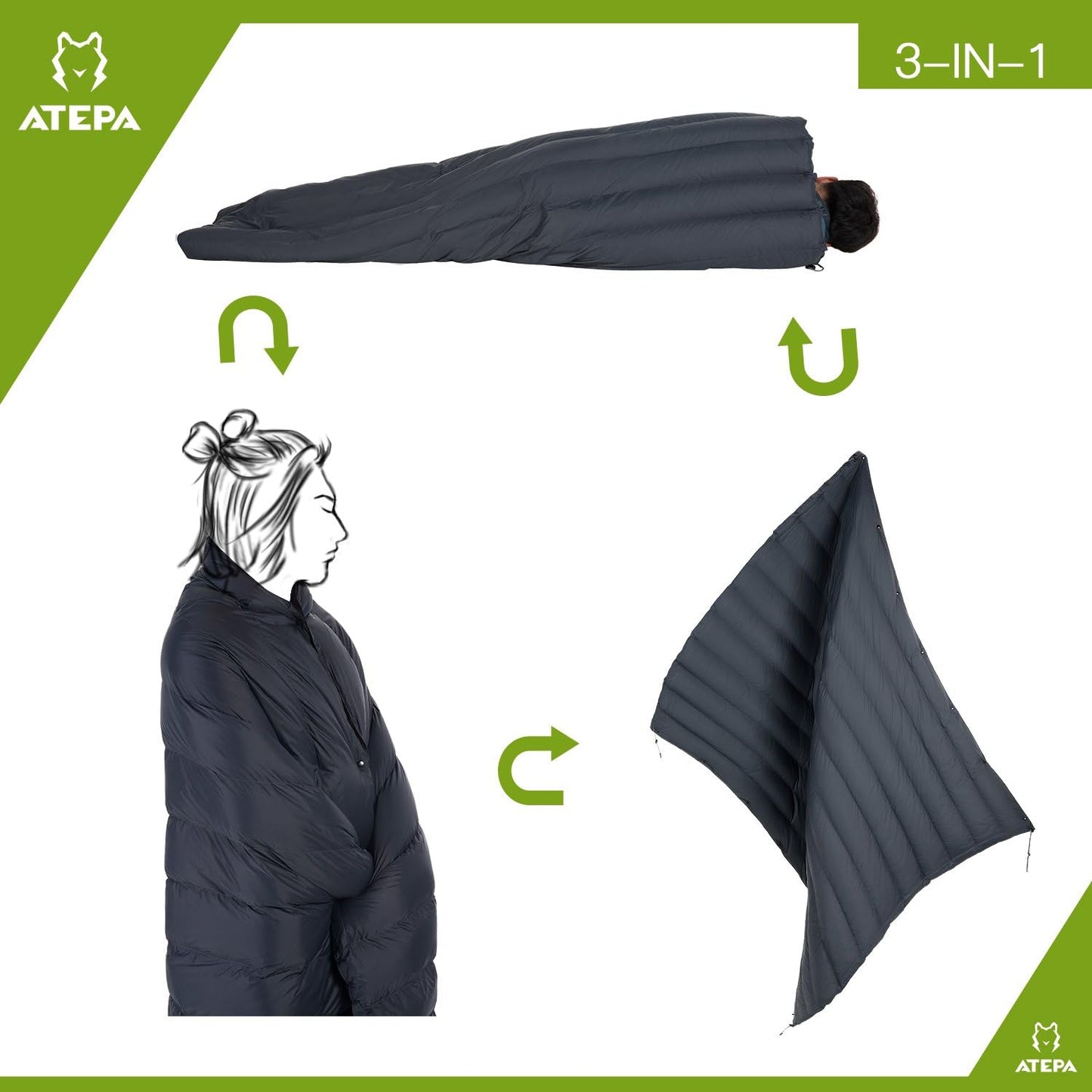 ATEPA 4-in-1 Multipurpose Warm Down Travel Camping Blanket Quilt, Packable Lightweight Waterproof Wearable Compact Blanket for Backpacking, Hiking, Grass, Outdoor, 70 × 53 inch