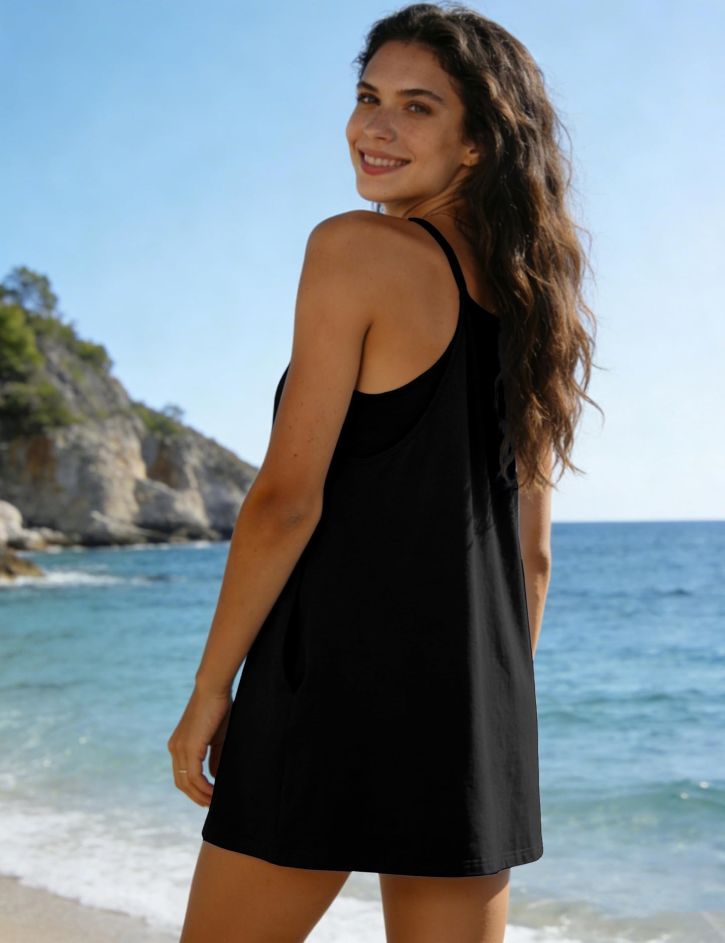 Yeokou Women's Sleeveless Summer Casual Beach Mini Dress Built-in Shorts Square Neck Tank Active Dress with Pockets(Black-M)
