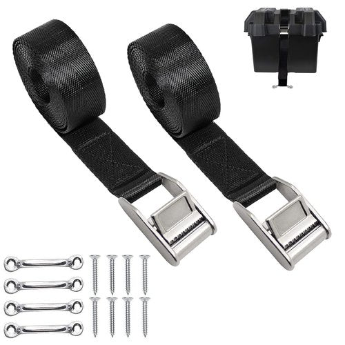 Marine Cooler Tie Down Kit, Heavy Duty Stainless Steel Battery Tie Down Straps with Stainless Brackets Footman Deck Loop and SS Screws Used for Gas Fuel Tank, Cooler YETI RTIC RV TV 2 Pcs