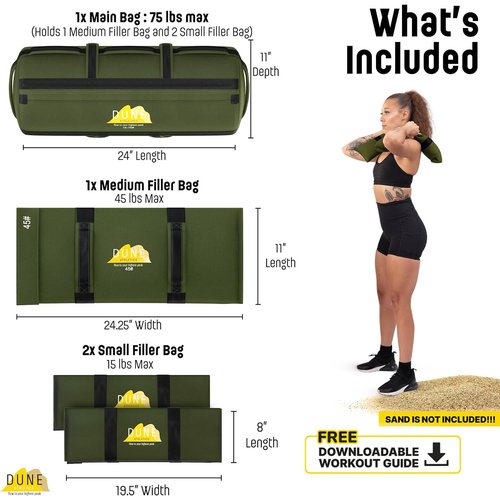 Sandbags for Working Out (Unfilled) - Enhance Your Fitness with Our Workout Sandbag, Versatile & Durable Sand Bags for Weight Training | 15-75 lbs Sand Bag for Exercise – Army Green - Guide Included