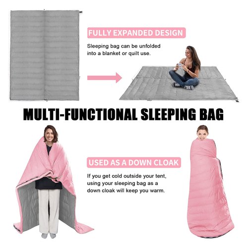 Down Sleeping Bag for Adults, Ultralight Wearable Sleeping Bag for Backpacking, Can Be Used as a Blanket or Mat (Pink)