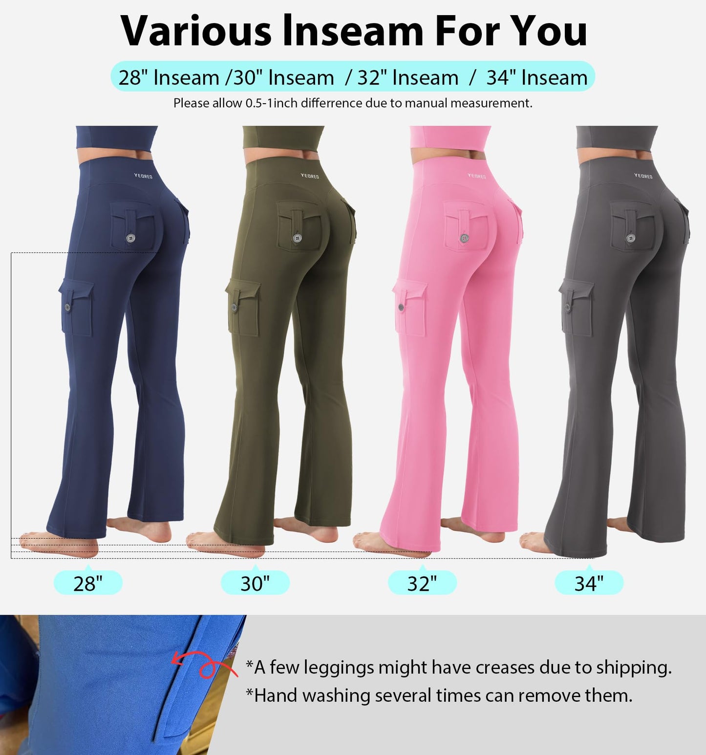 YEOREO CoreFlex Women Workout Flare Leggings with Pockets Hidden Scrunch High Waisted Cargo Gym Yoga No Front Seam Leggings Navy XL