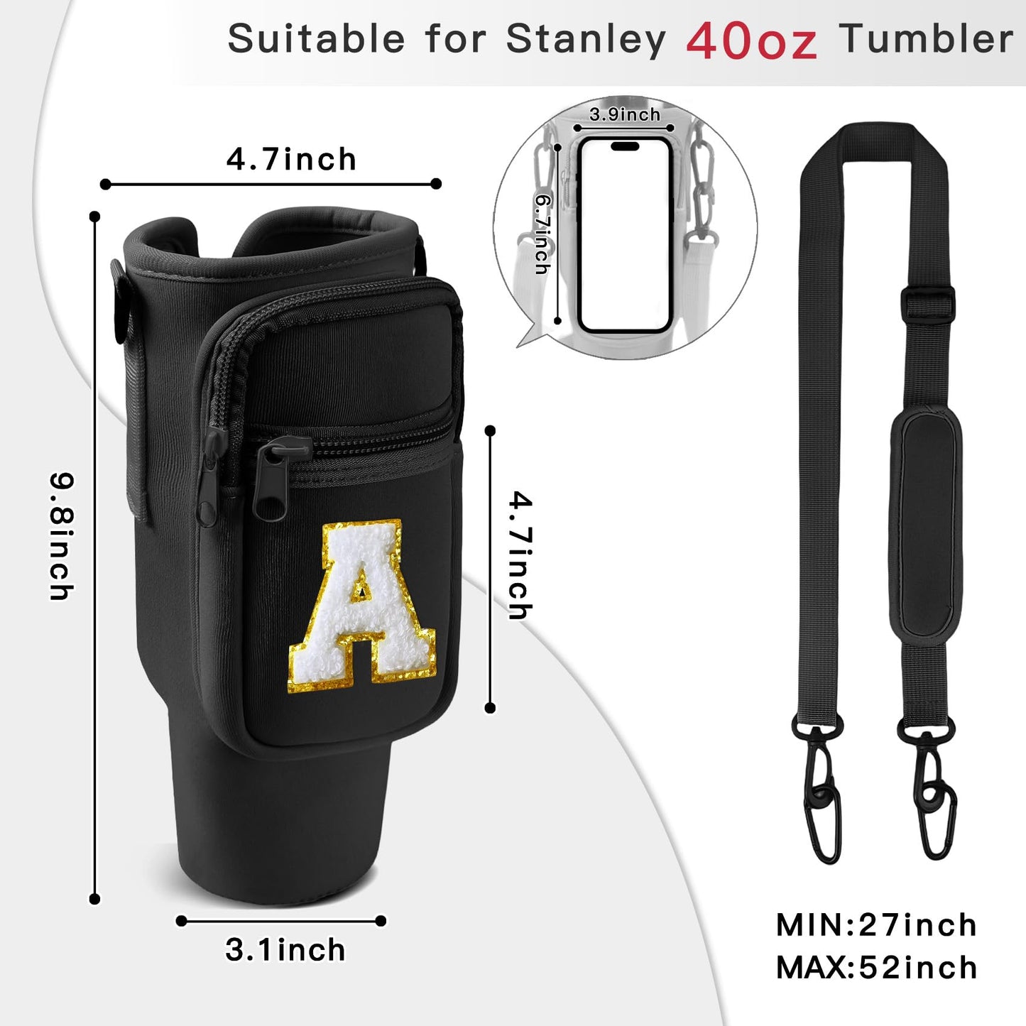 Aganmi Mothers Day Birthday Gifts for Mom Teacher Water Bottle Carrier Bag with Phone Pocket for Stanley 40oz Tumbler Initial Water Bottle Holder with Adjustable Strap for Women Hike Camping Black A
