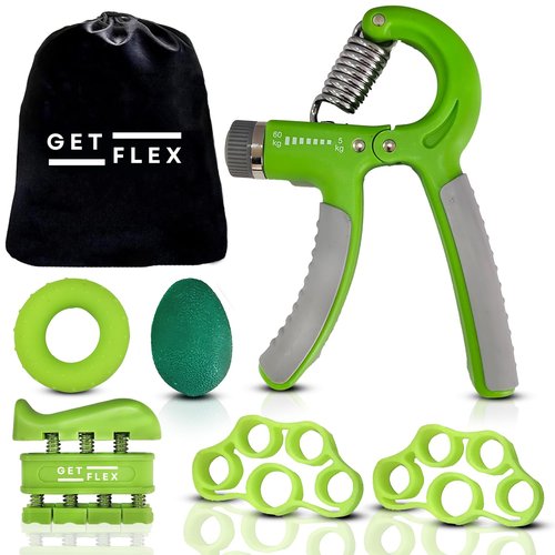 Grip Strength Trainer Kit (6 Pack) – Adjustable Hand Grip Strengthener, Finger Strengthener & Forearm Trainer with Stress Relief Ball for Muscle Building & Recovery – Adjustable Resistance Ranging From 11 to 132 Lbs (5 to 60 Kg) - Green