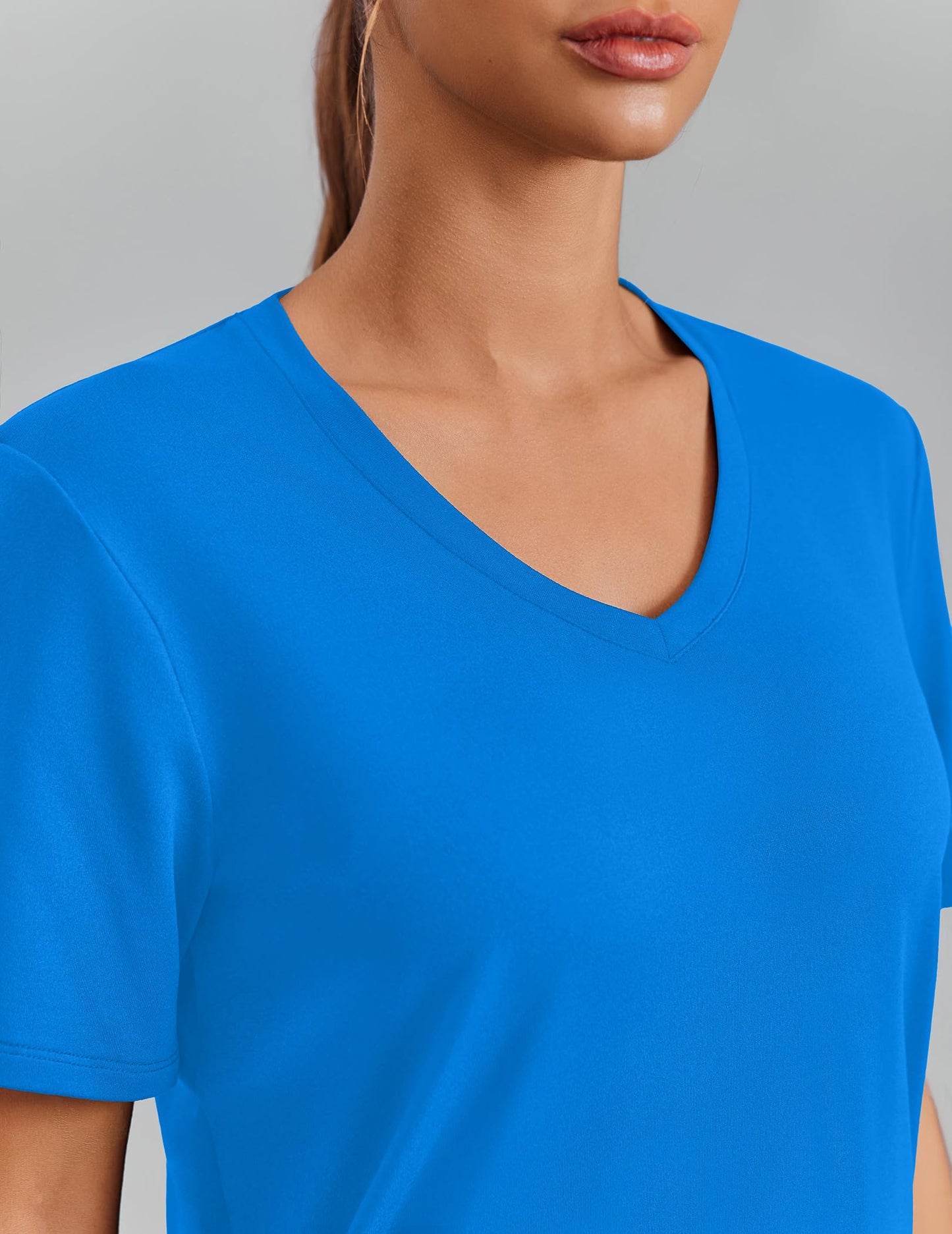 PINSPARK Quick Dry Workout Tops for Women Short Sleeve V Neck Moisture Wicking Athletic Gym Shirts Running Hiking T-Shirts,Sparkle Blue Medium
