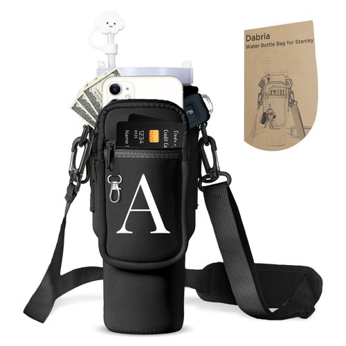 dabria Initial A-Z Water Bottle Bag with Phone Pocket for Stanley 40 oz Tumbler Neoprene Water Bottle Holder Pouch with Adjustable Strap Bollus with Straw Cover & Carabiner for Stanley Cup Accessories