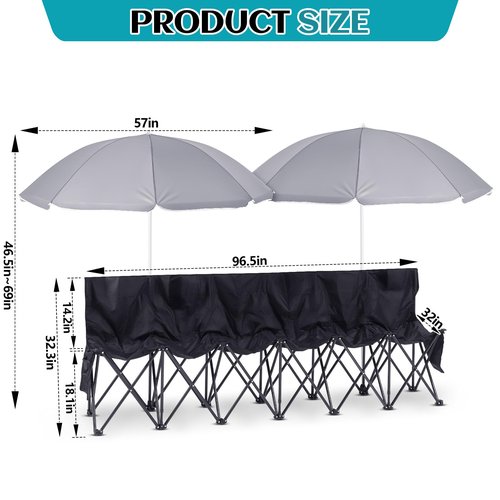 Cinnvoice Folding Soccer Bench Chair Portable Team Sports Sideline Team Bench Seat with Umbrella for Football Camp Travel Events Outdoor Seating with Storage Bag(6 Seat)