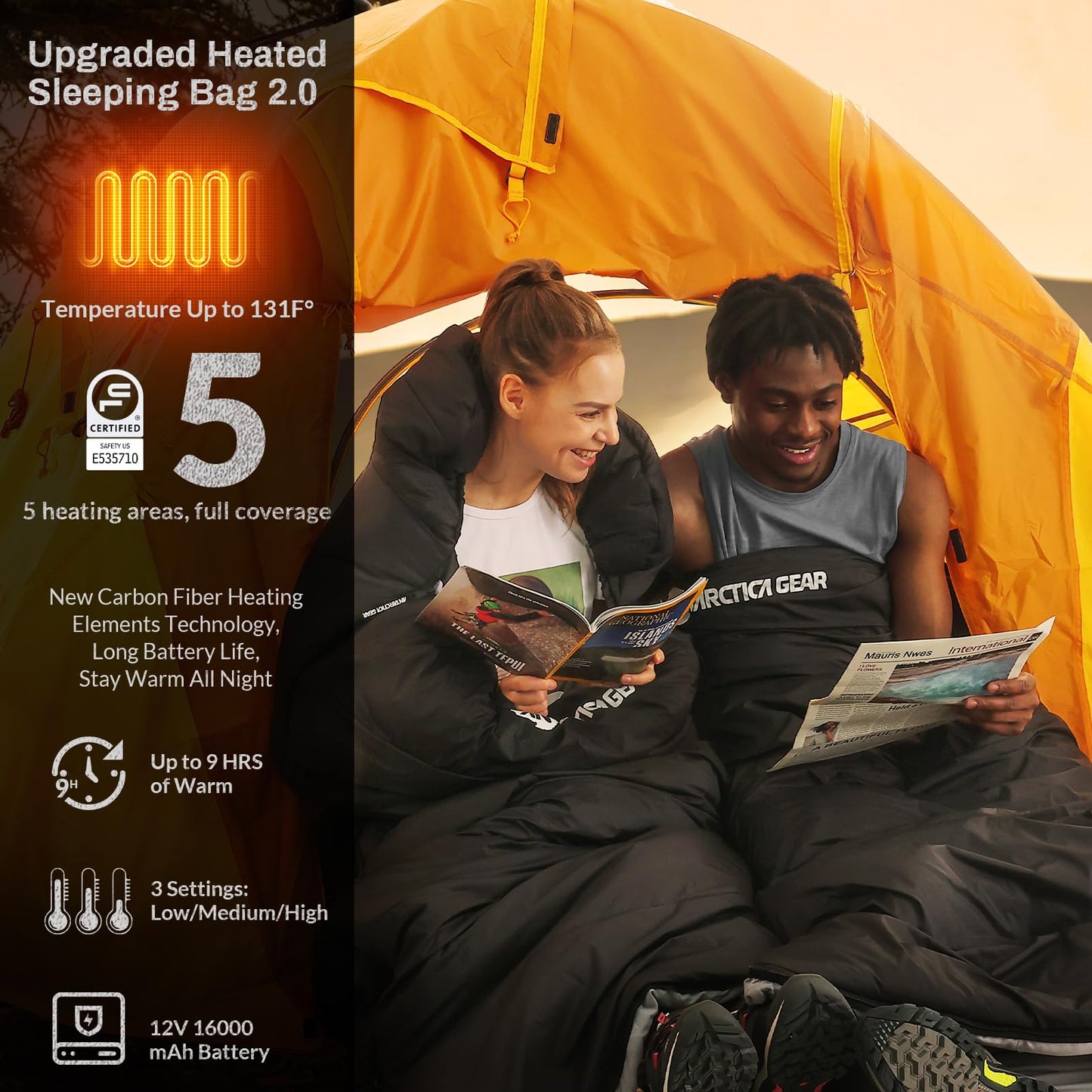 Antarctica Gear Heated Sleeping Bag, 5pcs Heating Areas Sleeping Bags with 16000mAh 12V Battery Pack, 3 Adjustable Heating Levels Cold Weather Sleeping Bag for All Season Hiking & Camping