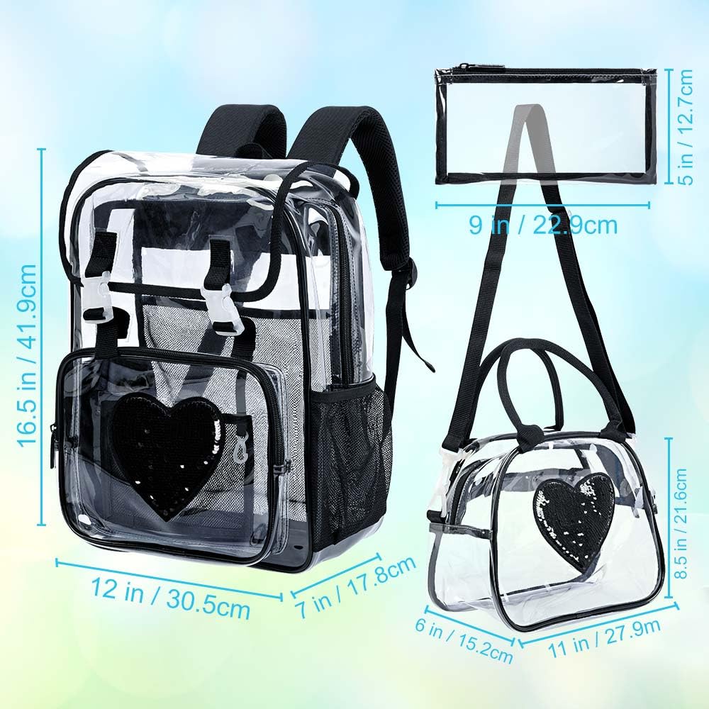 FTJCF 3PSC Clear Backpack, Heavy Duty Transparent Bookbag for Girls Women, Stadium Approved See Through Backpack Set (Black Sequins)