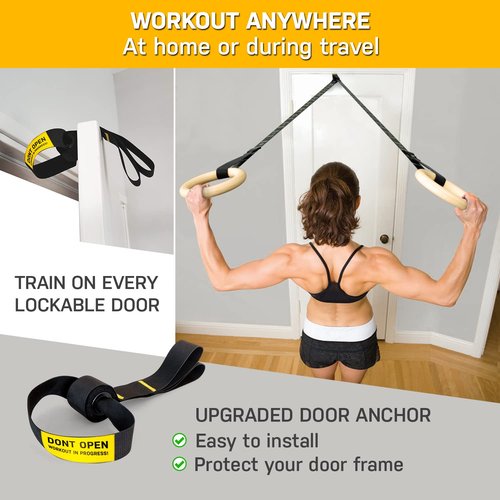 Double Circle Door Anchor for Resistance Bands and Gymnastic Rings with Dual Slots, Warning Sign - Home Or Gym Door