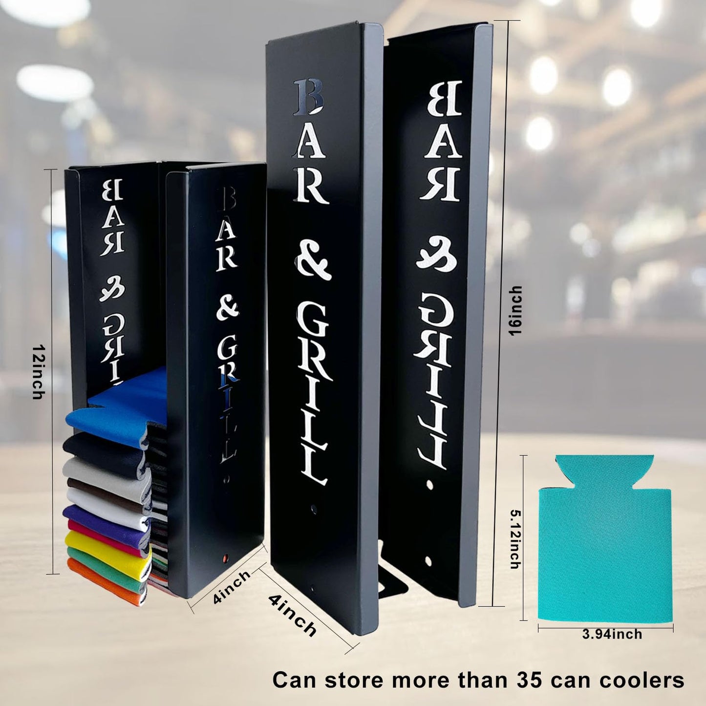 4"x4"x16"Can Cooler Holder with Bottle Opener, Beer Can Sleeves Storage Organizer and Dispenser for Home Family Bar, Metal (BAR)