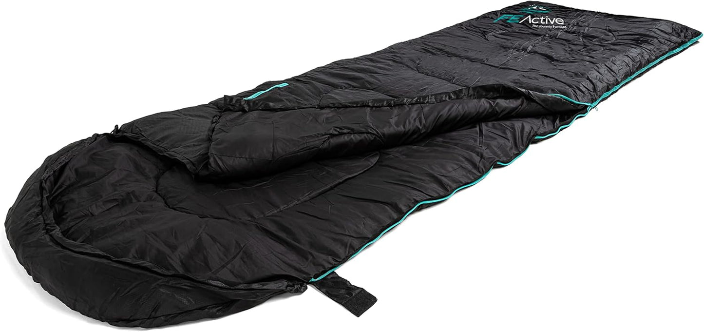 FE Active Camping Sleeping Bag - 3-4 Seasons Extra Long or Lightweight Hooded, Warm Outdoor Compact & Lightweight Sleeping Bag for Camping, Backpacking, Hiking, Travel | Designed in California, USA