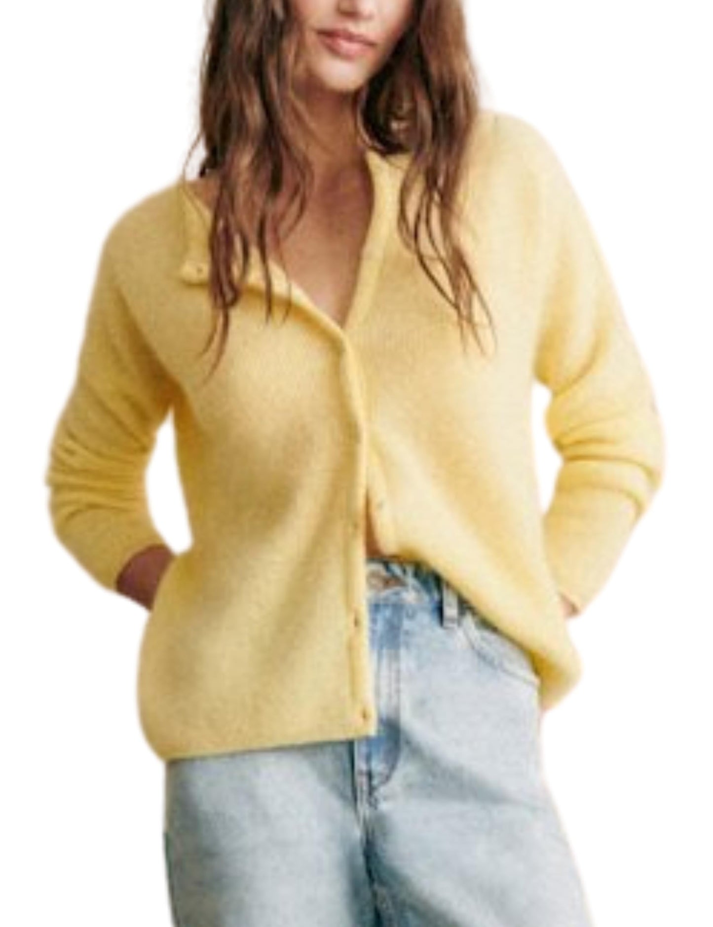 Lviefent Women Knit Cardigans Lightweight Casual Crew Neck Button Down Long Sleeve Sweater Jumper Layer Top (Yellow-L)