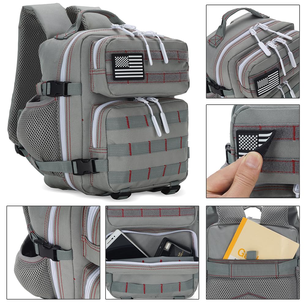 9L Mini Tactical Backpack for Men and Women, Tactical Backpack Small for Hiking, Small Tactical Bag（Grey Red）