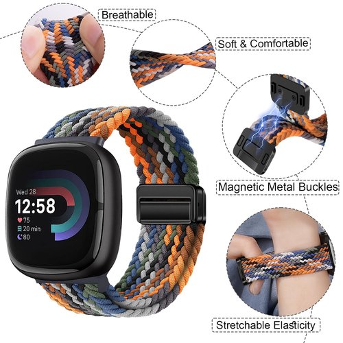 Braided Magnetic Bands Compatible with Fitbit Versa 4/Fitbit Versa 3/Sense 2/Sense 1,Soft Stretchy Elastic Nylon Sport Loop Strap with Magnetic Clasp for Women Men