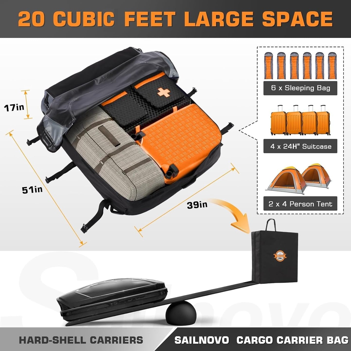 Sailnovo Car Rooftop Cargo Carrier Bag Waterproof 20 Cubic Feet for Top of Vehicle with/Without Roof Rack Car Top Carrier with 6 Door Hooks, Reinforced Straps & Storage Bag 1000D