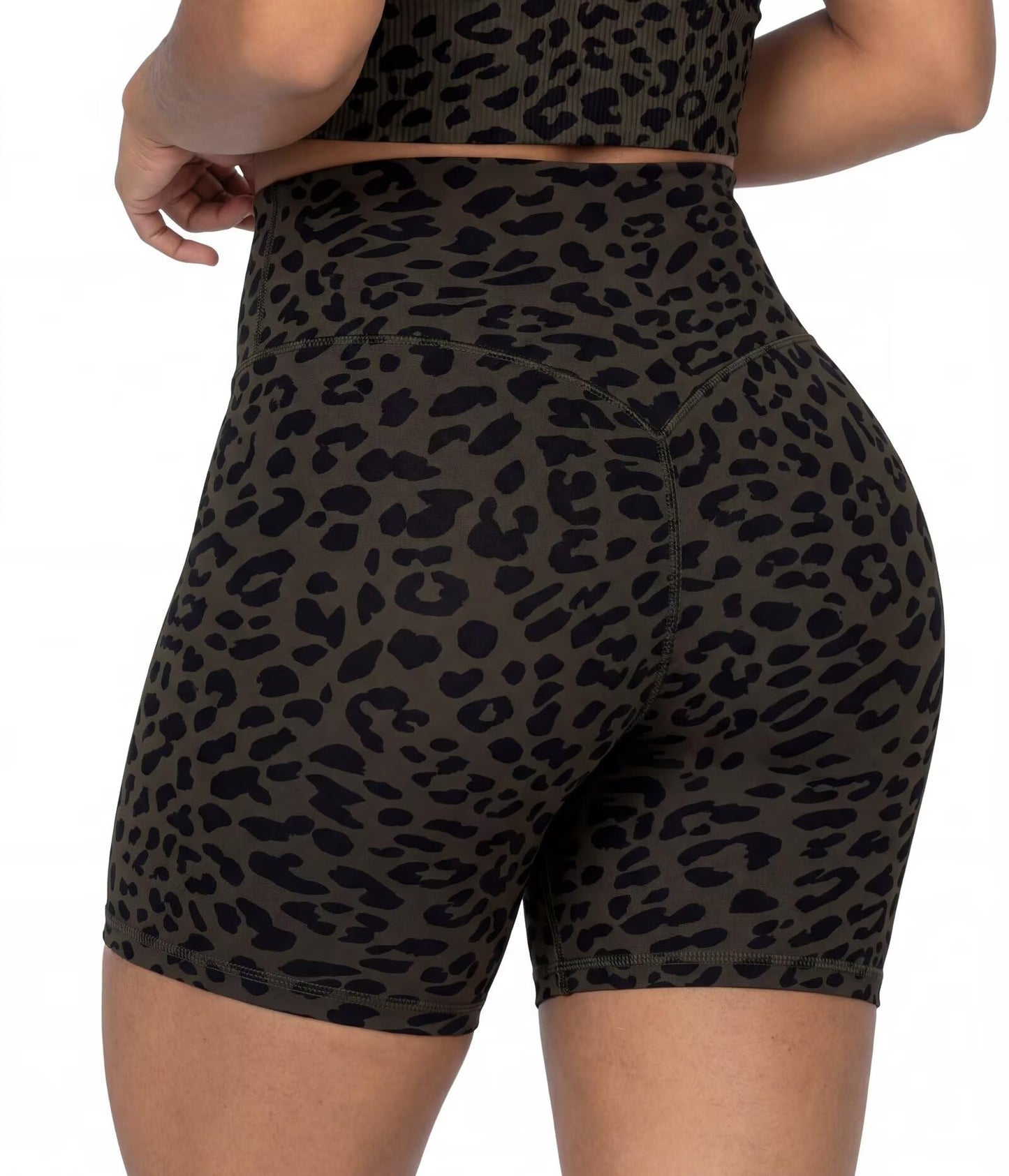 Sunzel 5" Waist Biker Shorts for Women No Front Seam Soft Yoga Workout Gym Bike Shorts Tummy Control Squat Proof Leopard Seal Brown X-Small