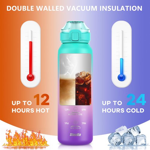 SLUXKE 32oz Insulated Water Bottle with handle BPA Free, 316 Stainless Steel Water Bottles 1000ml with Time Marker Double Walled, 1000ml Metal Water Flask Jug for Hiking, Biking, Running