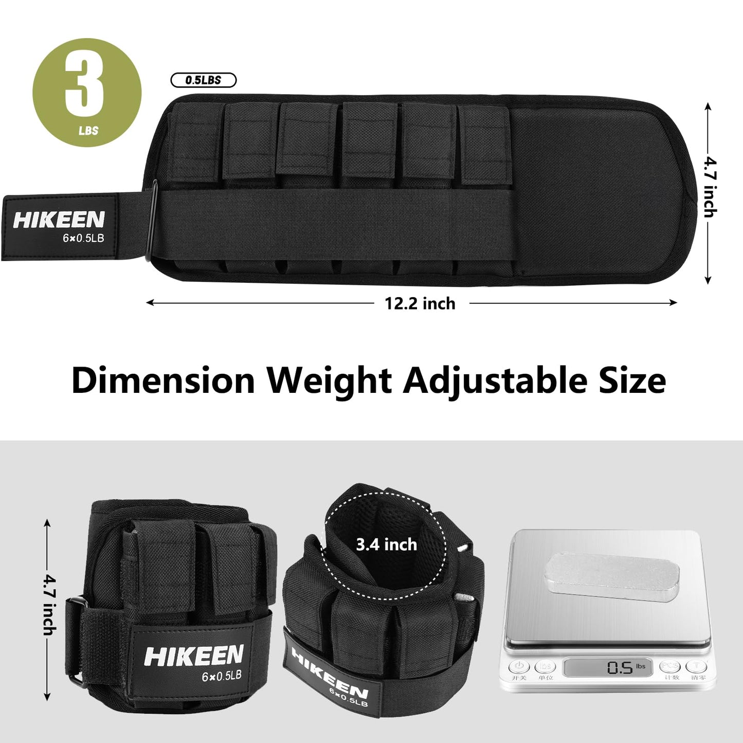 Hikeen Ankle Weights for Women Men 1 pair Adjustable Ankle Weights 1 2 3 LBS Metal Block with Separate Pockets Leg and Hand Weights For Walking Running Exercises