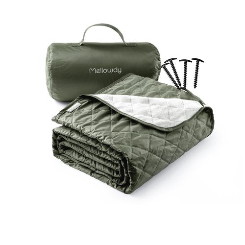 Mellowdy Easy-Carry Outdoor Blanket - Waterproof, Windproof, Warm, Utility Blanket for Camping, Picnic, Stadium, Beach, Gameday, Travel, Foldable with Carrying Bag (Olive Green, 55x80 inch)