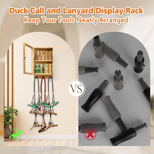 YDEPLVEO Duck Call and Lanyard Display Rack Holder, Wall Mount Wood Storage Case for 10 Calls and 3 Lanyards, Visible Whistle Stand Box for Home Hunting Decor