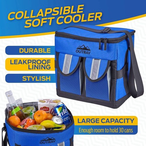 Black Padded Insulated Cooler – 30 Can Capacity - Soft Collapsible Leak Proof Tote for Camping, Picnics and Travel – Large Main Compartment, 2 Front Pouches, Handle and Shoulder Strap - Outrav