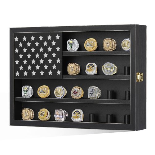 Sports Ring Display Case 11"x15", Commemorative Storage Box HD Acrylic Glass for 22 Championship Rings, Wooden Baseball Ring Holder with Flag for Footabll Softball Superbowl Trophy Rings Souvenir