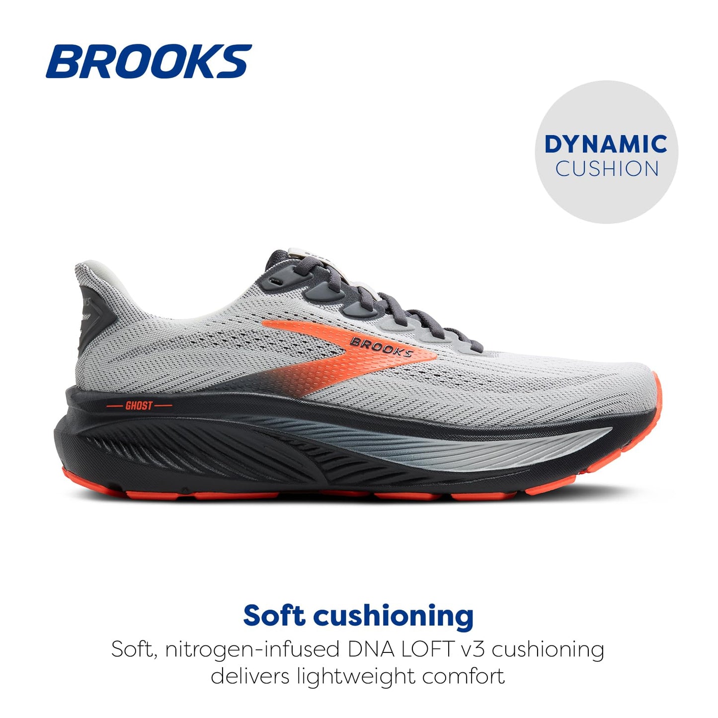 Brooks Men’s Ghost 17 Neutral Running Shoe - Oyster Mushroom/Orange/Ebony - 7.5 Narrow