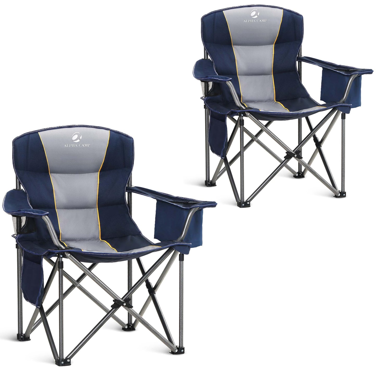 ALPHA CAMP 2PC Oversized Camping Chair Heavy Duty Lawn Chair with Cooler Bag Support 450 LBS Steel Frame Collapsible Padded Arm Quad Lumbar Back Folding Chair for Lawn Outdoor,Navy Blue