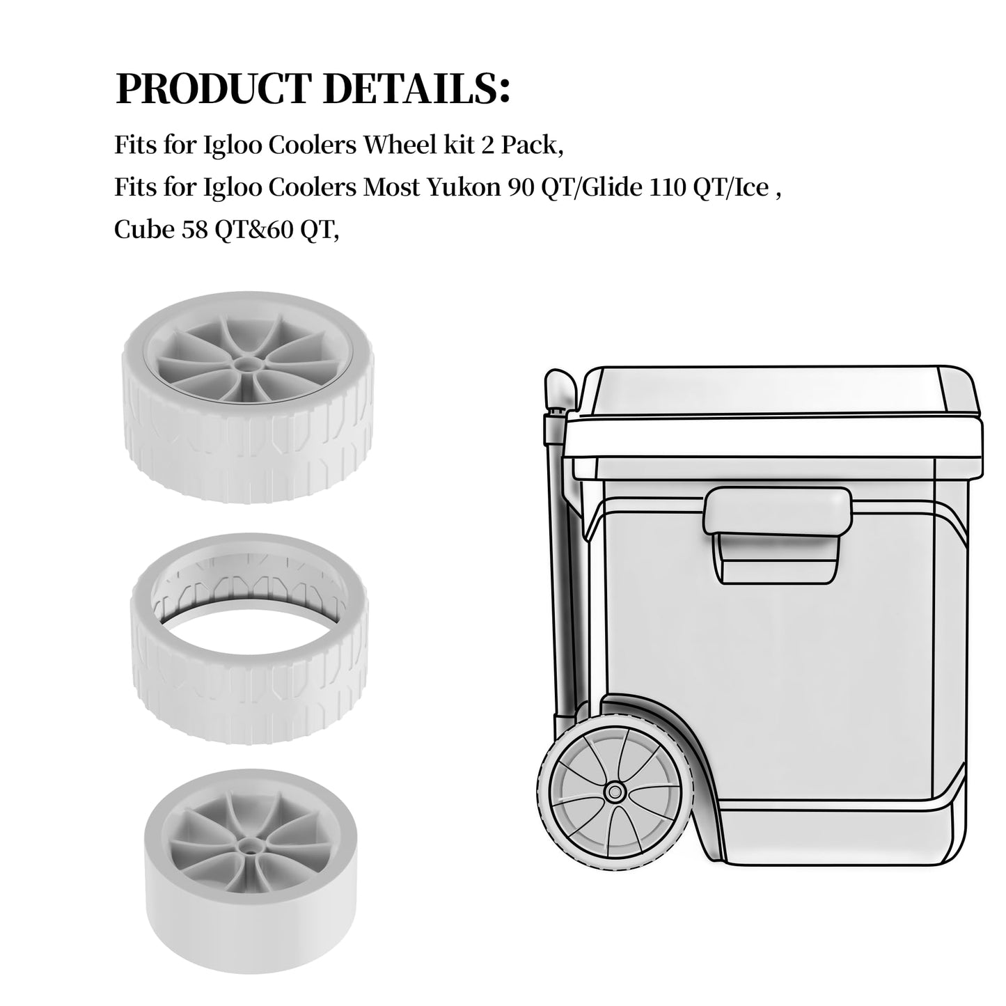 6 Inch Cooler Wheels Compatible with Most Ig-loo Coolers,Fits for Ice Cube 58 & 60 QT,Glide 110 QT,Yukon 90 QT,Coolers Replacement Wheel kit (White),2-Pack