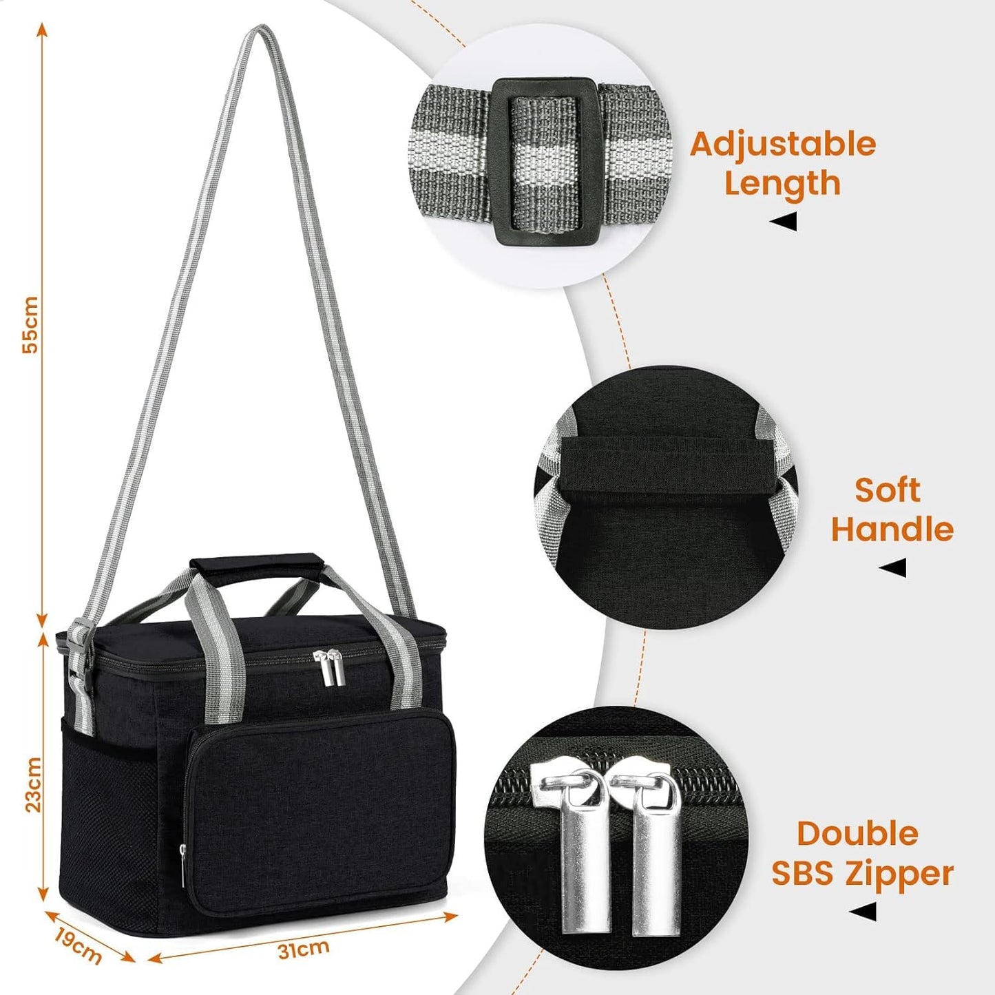 Insulated Cooler Bag for 24Can (15L), Reusable Thermal Bag, Leakproof Freezable Cooler Bag Organizer with Adjustable Shoulder Strap for Women Men Office Work Picnic Hiking Beach, Black