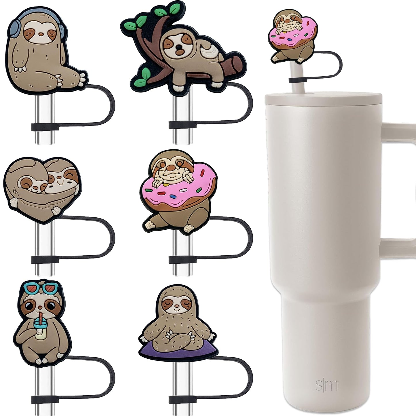 Amreich Sloth Straw Topper for Simple Modern, 6 PCS Silicone Straw Cover Cap for Hydro Flask Tumblers, Animal Silicone Dust-proof Straws Cap Accessories for Home Office Straws Cups