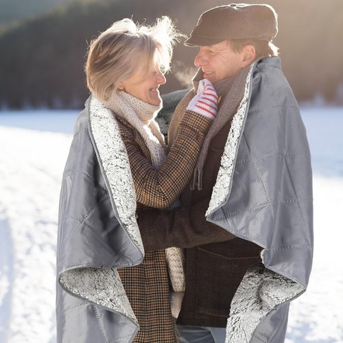 Tranqun Large Outdoor Blanket 78'' x 55'' Quilted Windproof Waterproof Gray Fleece Sandproof Stadium Foldable Warm Blanket for Camping Picnic Sporting Events Cold Weather
