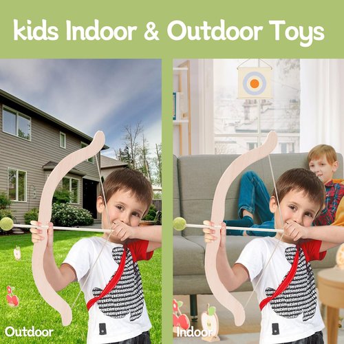 Tislly Wooden Kids Bow and Arrow Set - Safe for Ages 3+, Indoor & Outdoor Archery Gift Toys for Children, Boys & Girls, Includes 5 Arrows, 5 Fruit Targets, 1 Cotton Quiver