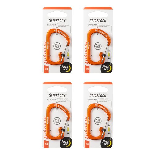 Nite Ize Aluminum SlideLock Carabiner - Daily Use & Lightweight Carabiner - Compact Aluminum Carabiner with Lock - Versatile Rectangular Carabiner - Size 3, Orange (4 Pack)