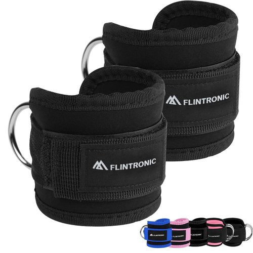 flintronic Ankle Straps for Cable Machine, Gym Cuffs with Double Stainless Steel D-Ring, Gym Ankle Cuff with Adjustable Neoprene Ve-lcro, Muscle Shaping for Men and Women - Black