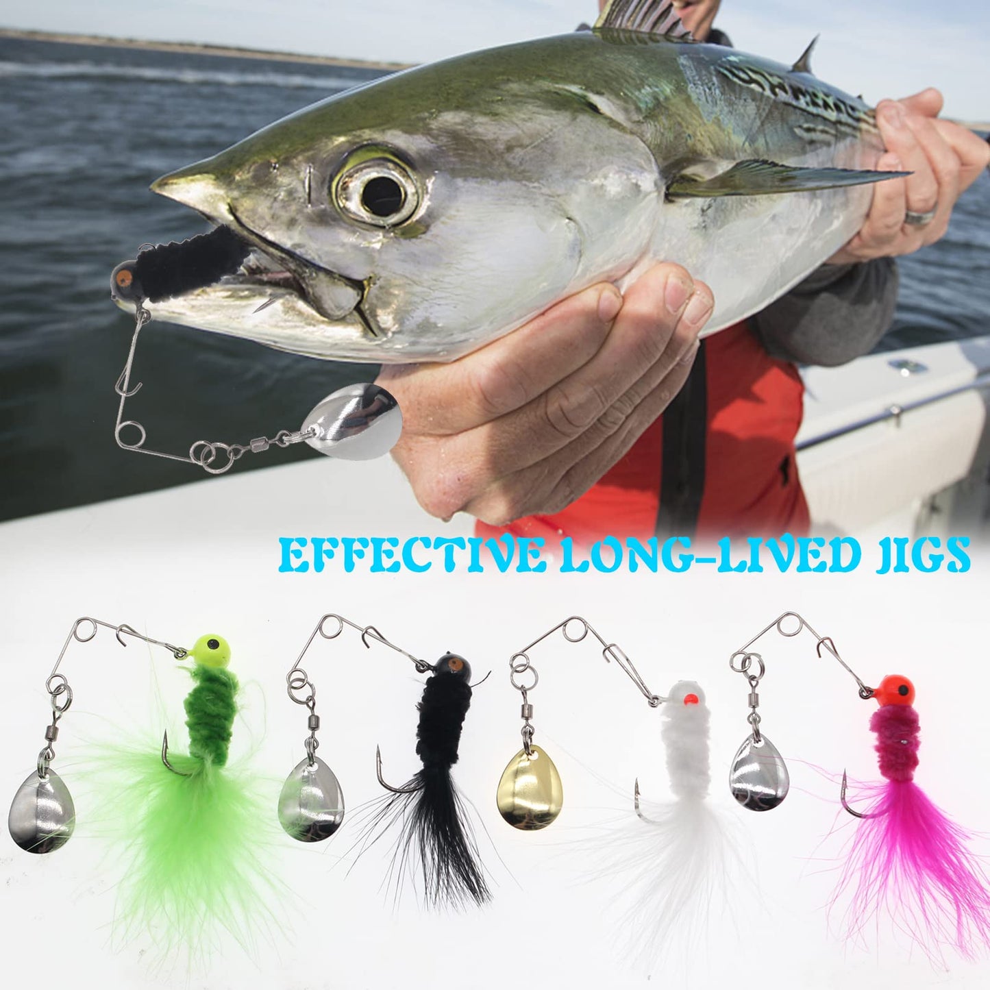 FishingPepo 20 Pcs Fishing Jig Marabou 1/8oz Feather Crappie Jig Heads with Spinner Blades Baits jiging Lures Lead Head Fishing Jig Hooks for Walleye Bass Fishing Accessories