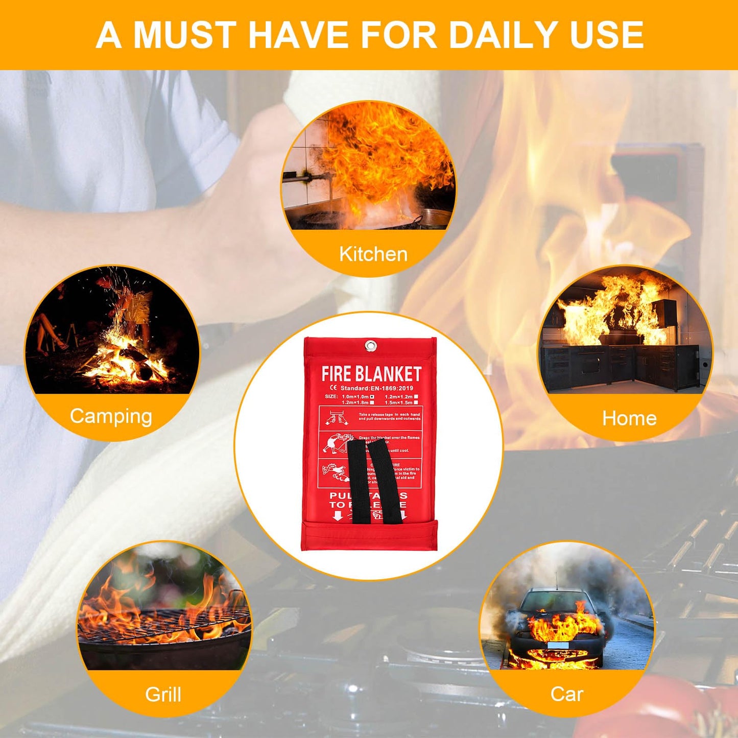 JT JUSTIME Fire Blanket Emergency for Home Kitchen, Fiberglass Fire Suppression Blanket for School, Fireplace, Outdoor Grill, Car, Office, Warehouse (1 Pack)