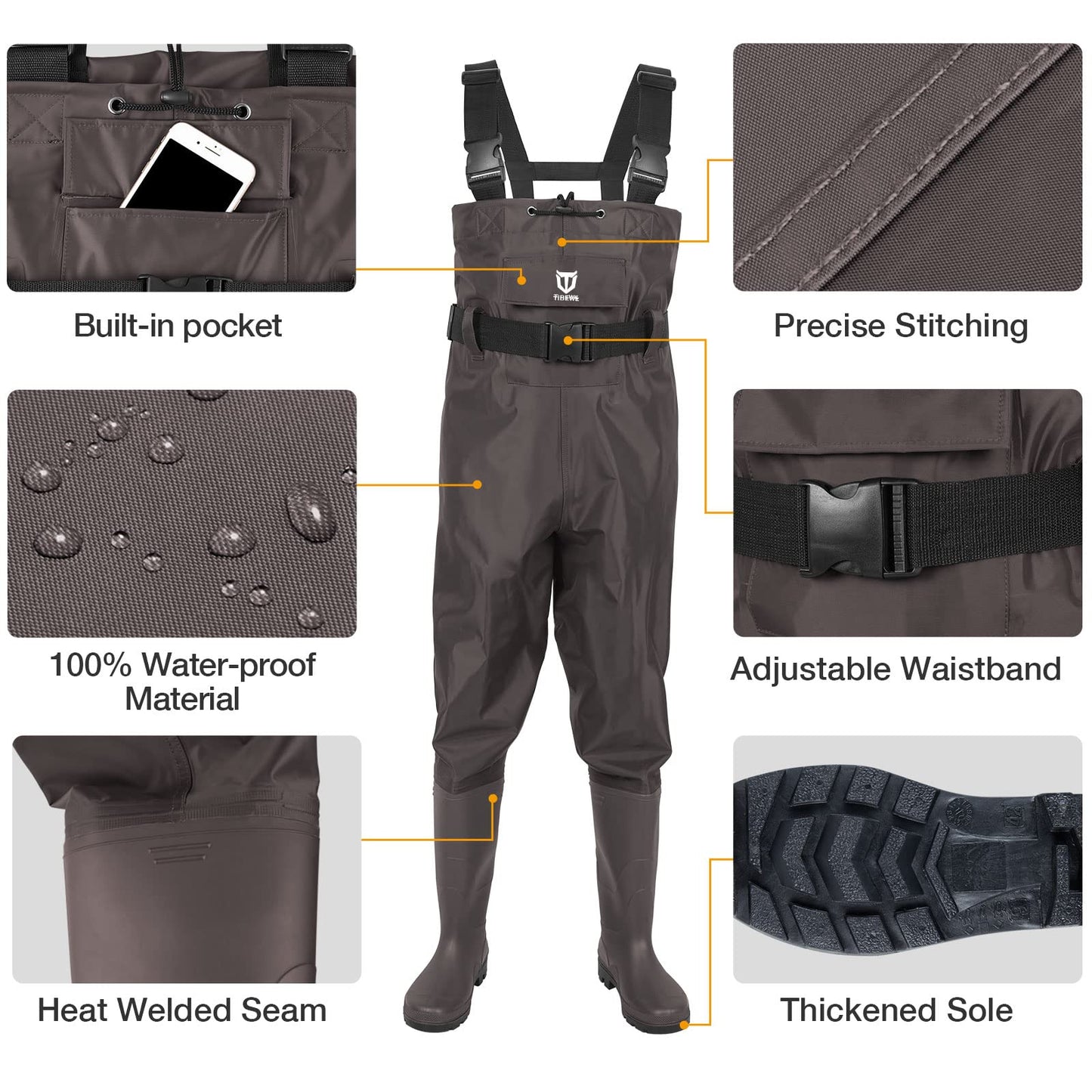 TIDEWE Bootfoot Chest Wader, 2-Ply Nylon/PVC Waterproof Fishing & Hunting Waders with Boot Hanger for Men and Women Brown Size 10