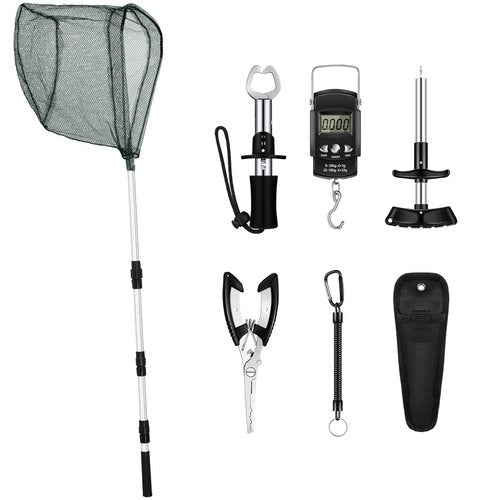Hungdao 7 Pcs Fishing Gear and Equipment Fishing Tools Kit for Boys Father Men Christmas Fish Accessories Include Net, Hook Remover Tool, Digital Scale, Pliers, Lanyard Summer Gifts(51.2 Inches,Black)