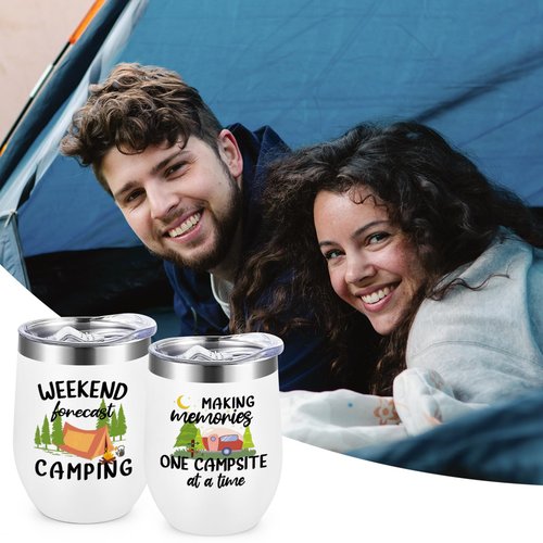 LiqCool - 2 Pack Camping Tumblers with Kitchen Towel Set, Cool Camping Gifts for Men, Women, Couples, Outdoor Gifts for Picnics, Hiking, RV Campers, Birthday, Christmas 12 Oz