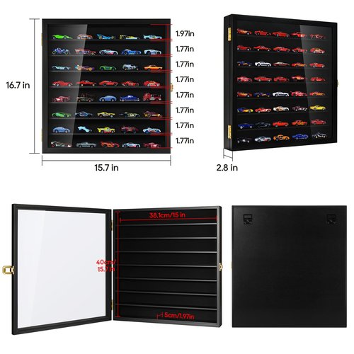 TJ.MOREE Model Car Display Case 1/64 Scale Diecast Wall-Mounted for Mini Toys and Small Wheels, Black