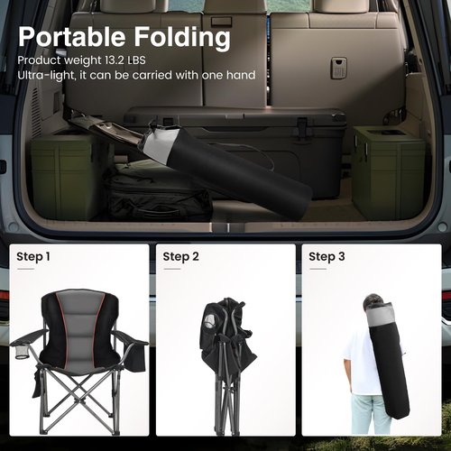 HIGH POINT SPORTS Oversized Camping Folding Chair, Heavy Duty Portable Lawn Chairs, Folding Chairs for Outside with Cup Holder and Cooler Bag for Camp, Travel, Support 450 LBS, 2 Pack, Black