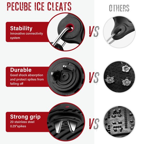 Pecube Ice Cleats for Shoes and Boots Men Women Trail Running 20 Stainless Steel Spikes Anti-Slip Footwear Traction Cleats Snow Grips Crampons for Hiking Ice Fishing Walking on Snow (Black-M)