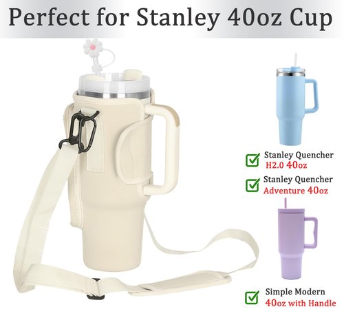 Water Bottle Carrier with Strap for Stanley 40 oz Tumbler,Personalized Initial ID Name Stanley Bag with Phone Pocket, Adjustable Strap, Stanley Cup Accessories (M, Cream)