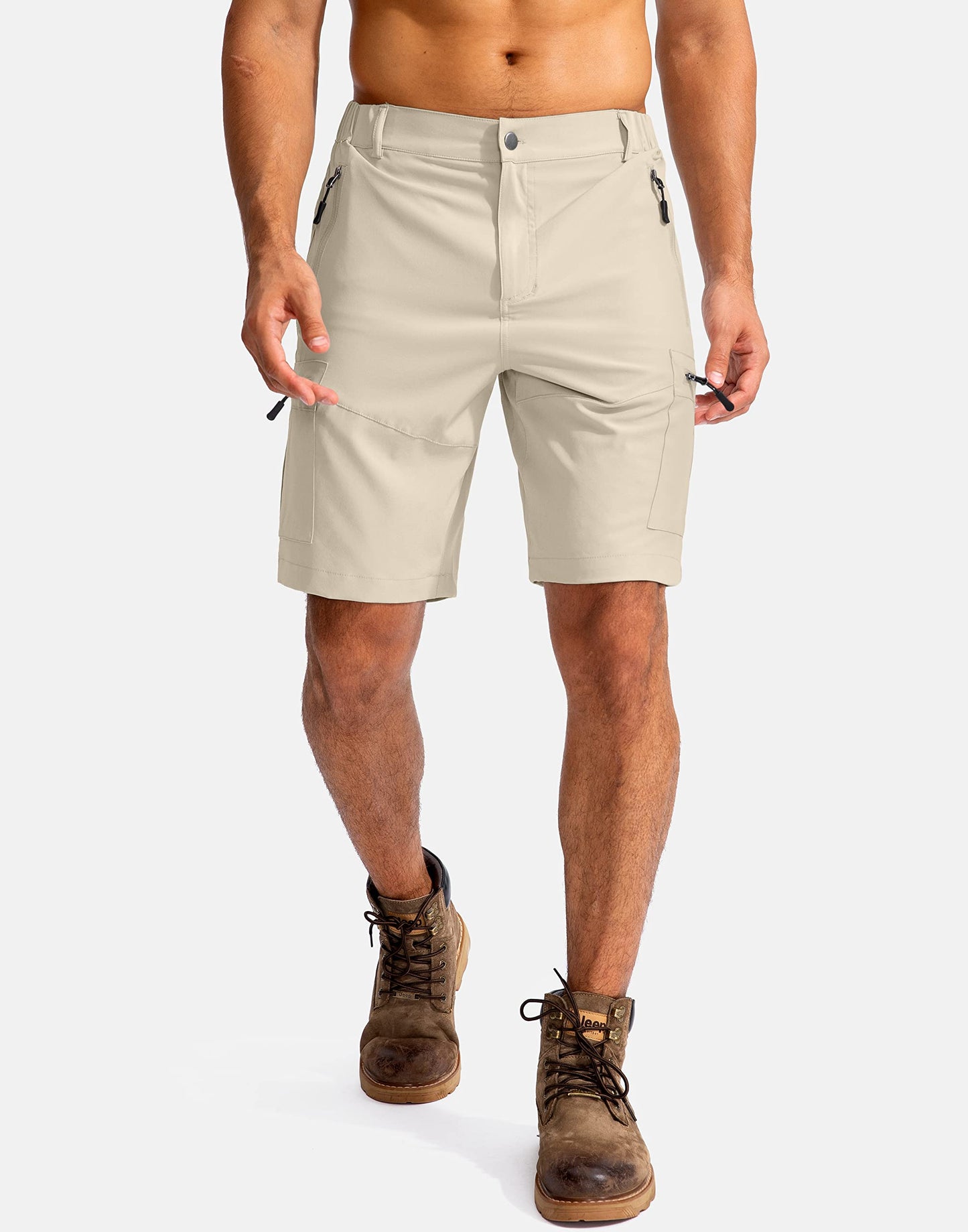 Pudolla Men's Hiking Cargo Shorts 9" Lightweight Outdoor Work Shorts for Men Travel Golf Camping Casual with 5 Zipper Pockets(Khaki Medium)