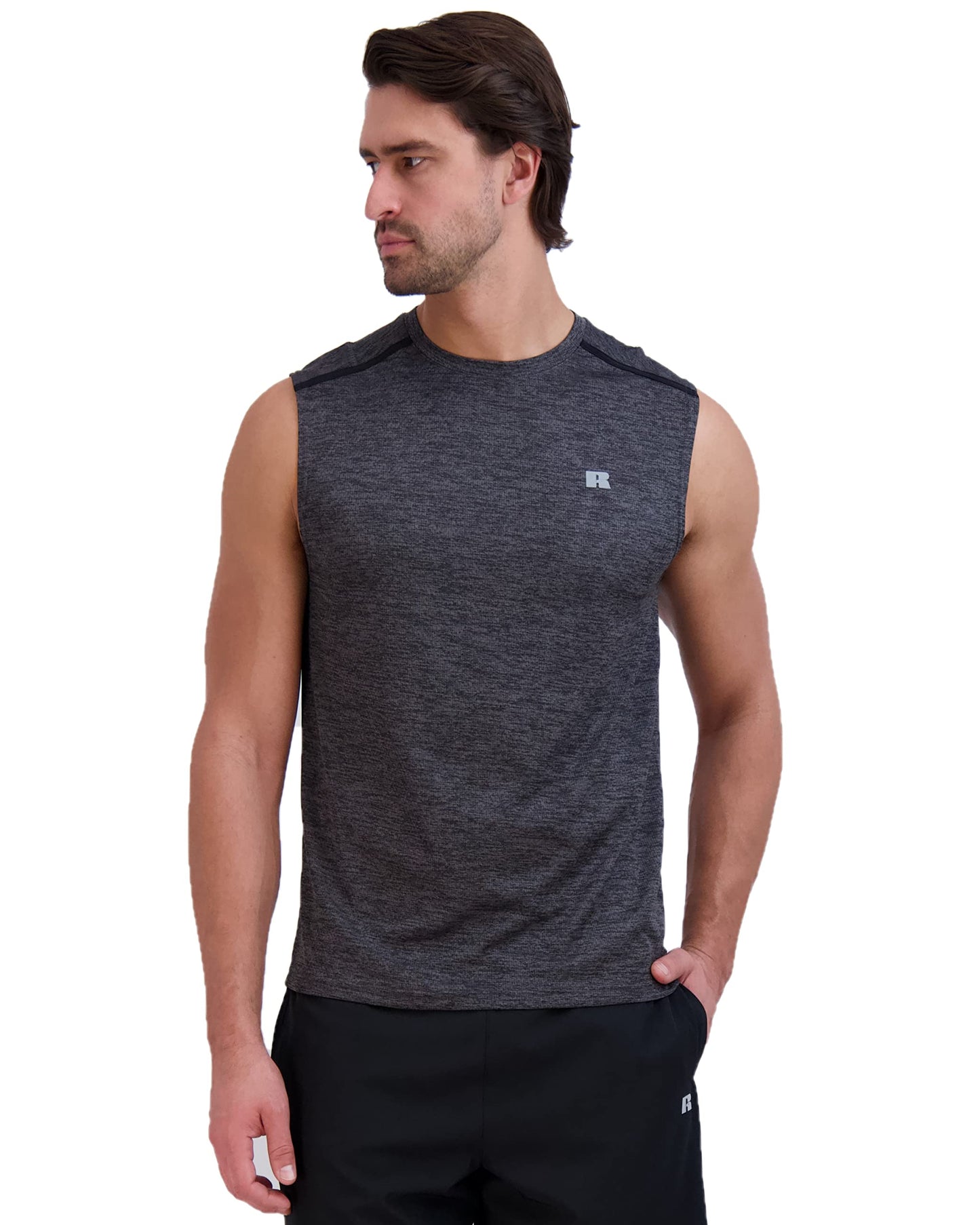 Russell Athletic Mens Dri-Power Space-Dye Short Sleeve Crew Neck Performance Muscle Tee, Black, S