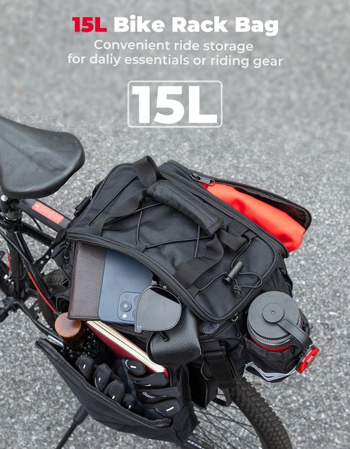 KEMIMOTO Bike Rear Rack Bag with Rain Cover, 15L Thickened Foldable Pockets Water Resistant Bicycle Bag, Bike Trunk Pannier for Commuter Cycling Trip Grocery Shopping, Black