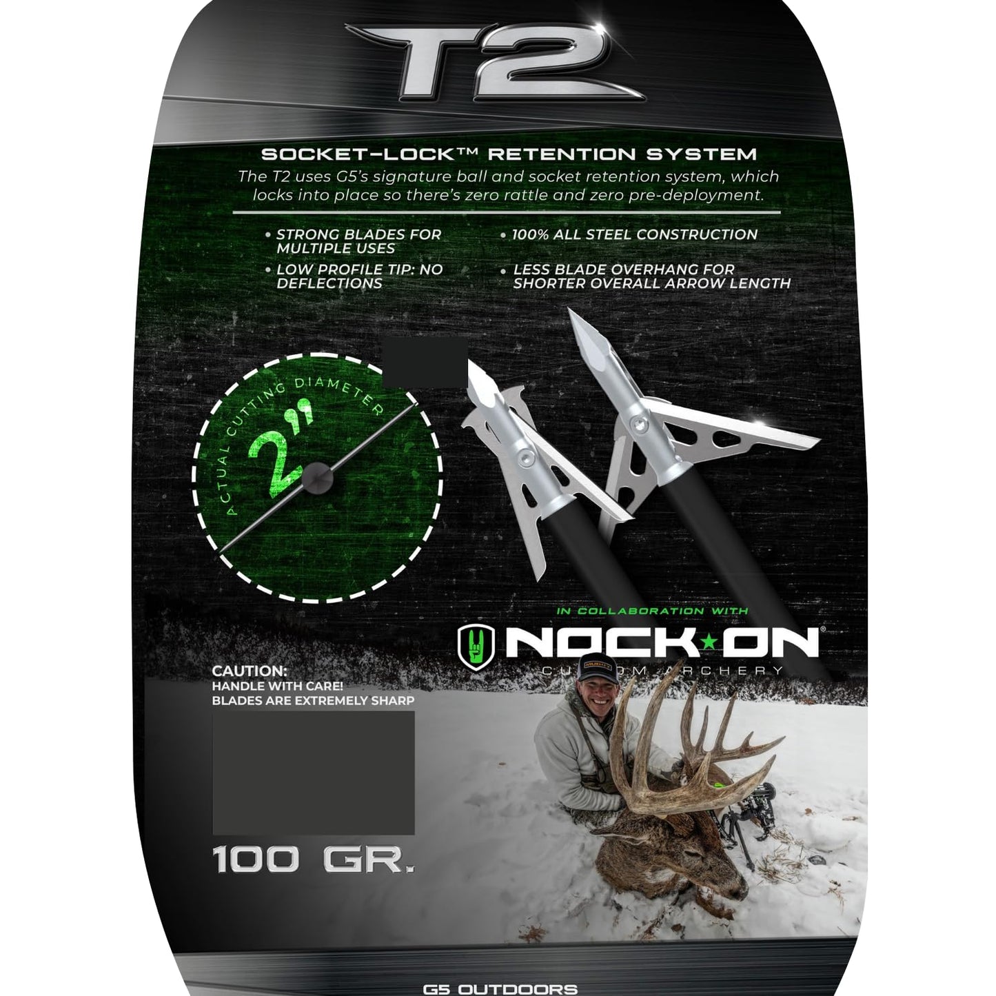 G5 T2 100-Grain 2-Blade Expandable Broadheads, 3-Pack | Durable Steel Archery Broadheads with Large 2" Cutting Diameter & Socket-Lock Retention System